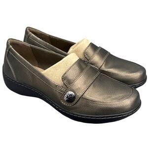 Clarks Cora Daisy Bronze Leather Metallic Slip On Comfort Loafer Women 7.5 W